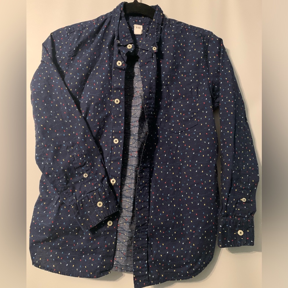Christmas Boys Button Up shirt holiday shirt light string pattern Gap shirtXL 12